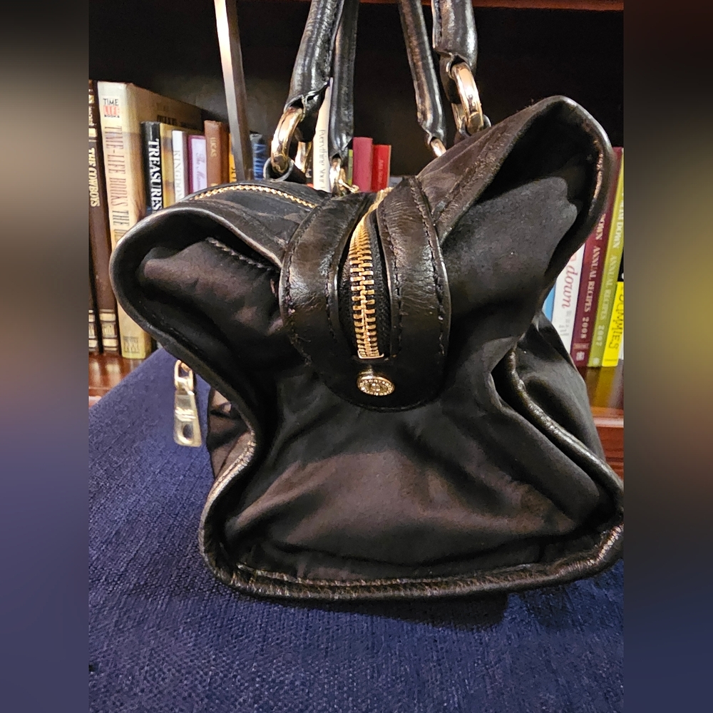 DKNY Black Nylon Leather Trim Satchel with Gold Accents - Picture 10 of 16